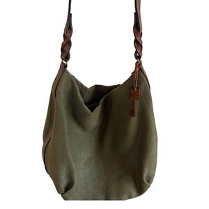 Fossil Shoulder Bag Olive Green Canvas Leather Trim Key Charm
